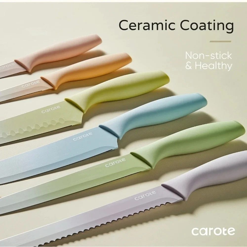 Carote 12 Piece Knife Set Pastel Colors Stainless Steel Ceramic Nonstick Kitchen